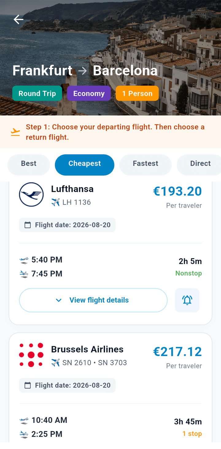FlyScout flight search screen