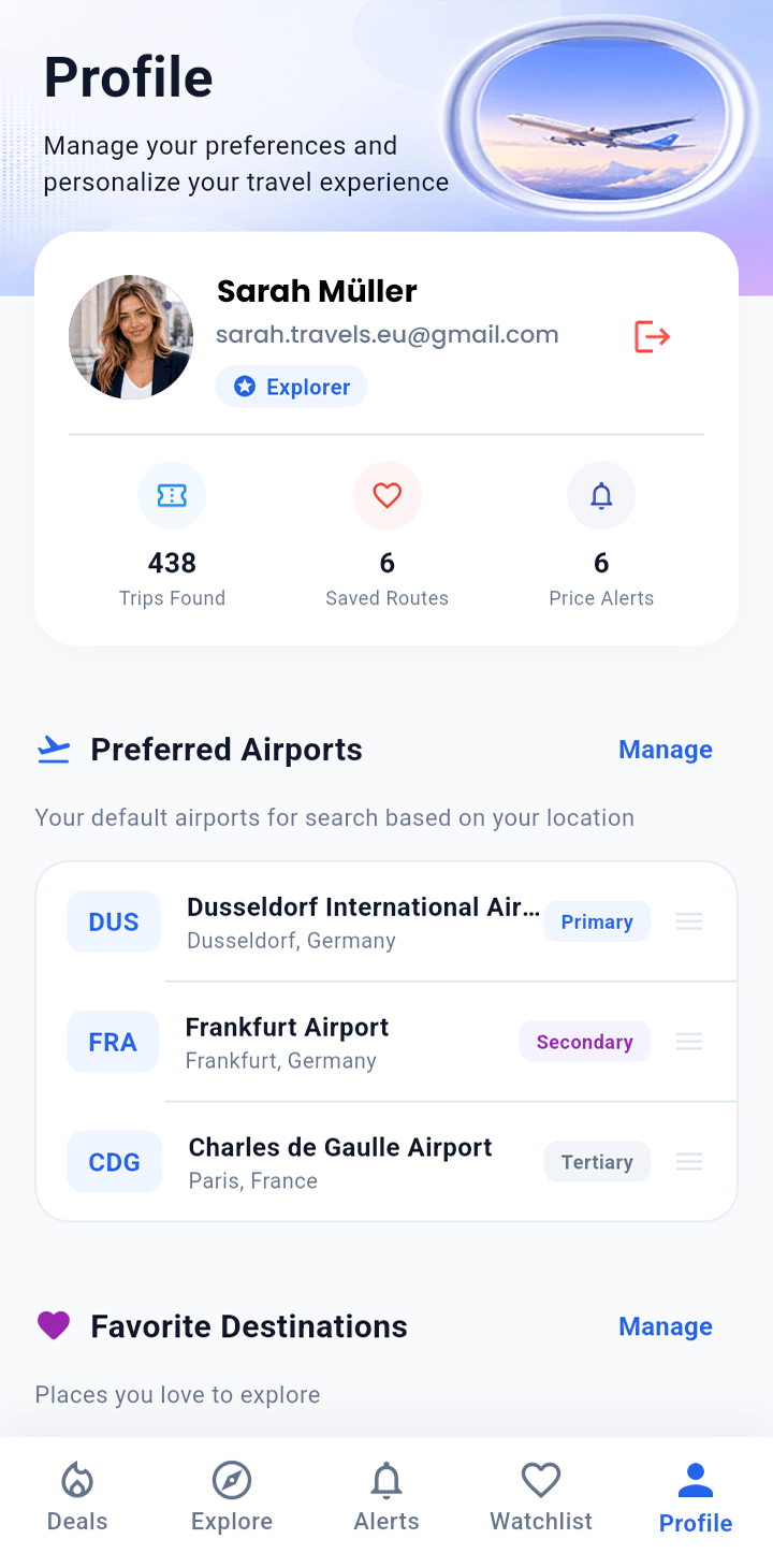 FlyScout profile screen